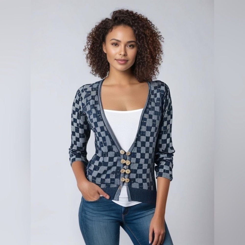 Anthropologie HWR Blue Checked Cardigan‎ Small cotton silk checkered sweater